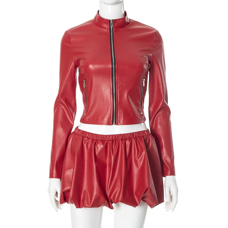 2 PCS Set New Autumn Spring Fashion Women's Long Sleeve Zipper Crop Jacket Mini Puffer Skirt PU Leather Women Sexy Short Skirt Evening Rave Party Night Clubwear Women Sexy Clothing Supplies