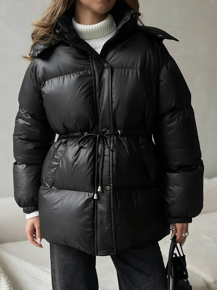 NEW Arrivals 4 Colors Women's Winter Waterproof Parka Mid-Length Soft Drawstring Waist Hooded Puffer Jacket  White Loose Warm Coat Snow Outerwear Jackets Women Winter Apparel Supplies.
