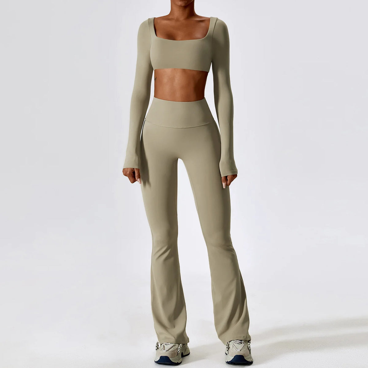 2-Piece Yoga Set Women Long Sleeve Square Neck Crop Top & High Waist Flare Pants Set Scrunch Butt Gym Fitness Activewear