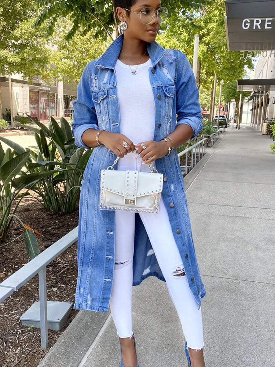 3 Colors S-3XL  Autumn Spring & Winter Long Denim Trench Coat Holes Denim Jackets for Ladies Casual Long Jean Jackets for Women