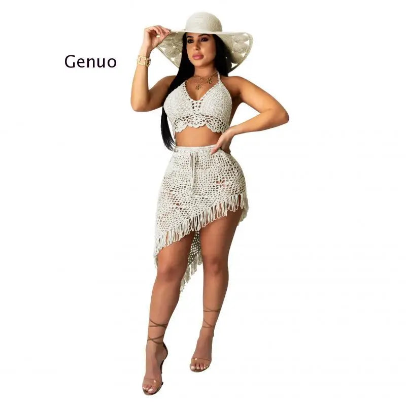 Women Irregular Two Piece Skirt Cover Up Summer Beach 2 Piece Knitted Swim Set Sexy Bandage Hollow Out Crochet Swimsuit