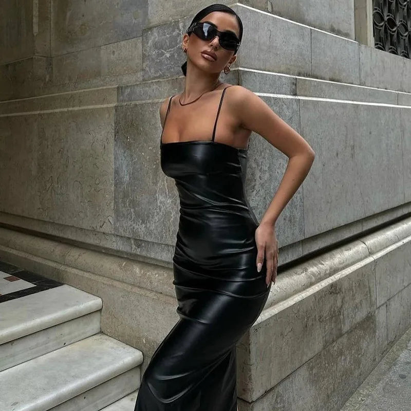 Black/Red Color S-XL Boutique Sale Women's Sexy Backless Night Clubwear Prom Evening Party  Popular PU Leather Sexy Fashion Backless Maxi Women's Dresses