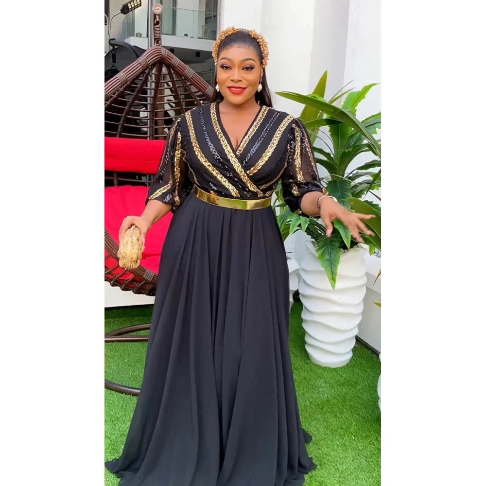 Gold/Silver/Red Color New African Women Plus Size Satin Evening Dresses Wedding Guest Evening Prom Party Luxury Sequin Gown Bodycon Dashiki Ankara Africa Clothing African Ladies Luxury Apparel Supplies
