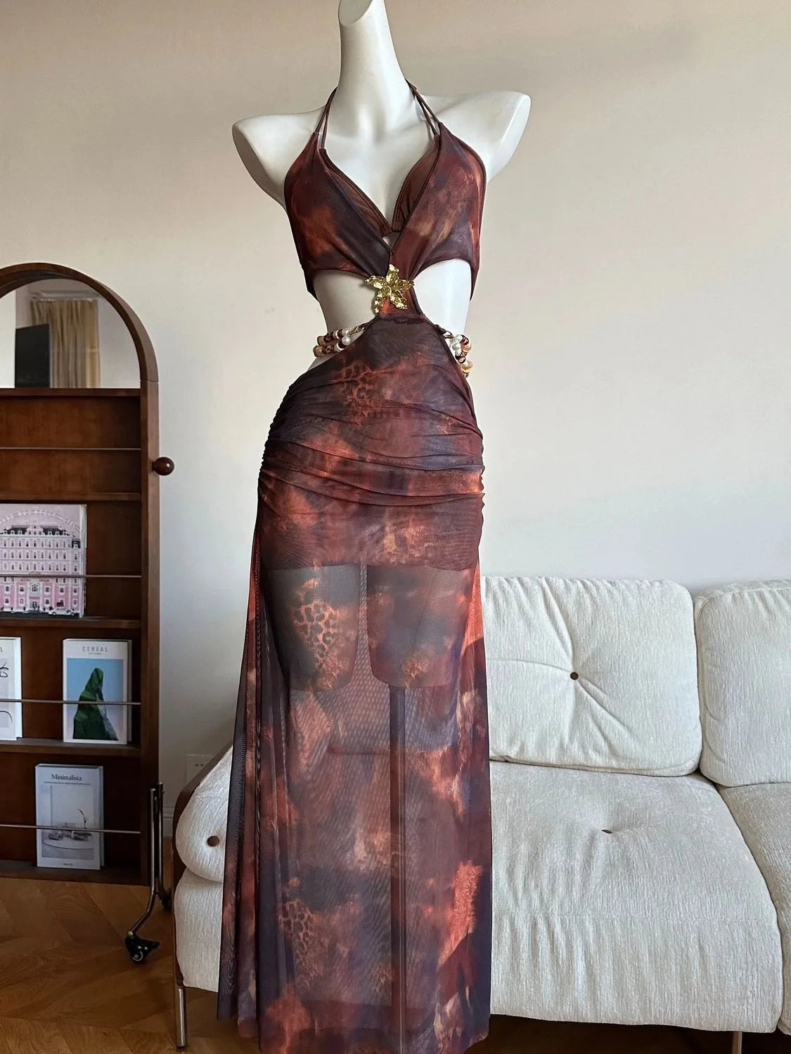 3 PCS Set Print Chains Women Sexy Swimwear Ties Details Modest Bikini and Cover Ups Maxi Dress Set Slim Fit Beachwear  S-L Women's Summer Swimming Pool Beach Bathing Apparel Suits Clothing Supplies.