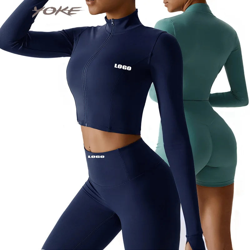 Women Yoga Workout Clothes Sports Gym Legging Seamless Fitness Zip Long Sleeve Crop Top Yoga Suit Sportswear Workout Women Sports Apparel Supplies