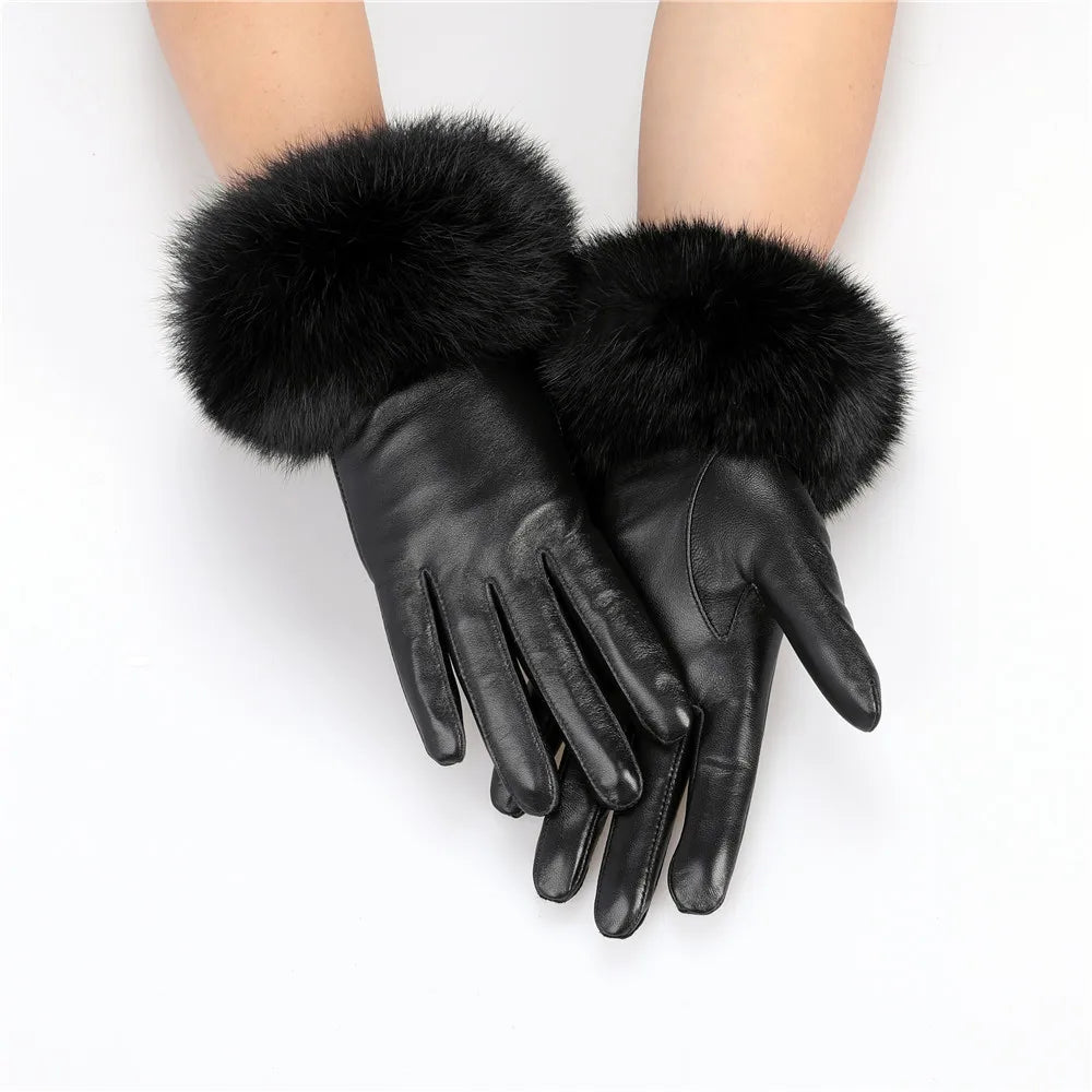 New Arrivals Women's Luxury Real Sheepskin Leather Gloves With Real Natural Rabbit Fur Cuffs Female Formal Evening Party Business Dinner Warm Gloves Fleece Lining Touch Screen Gloves Ladies Luxury Fashion Apparel Accessories