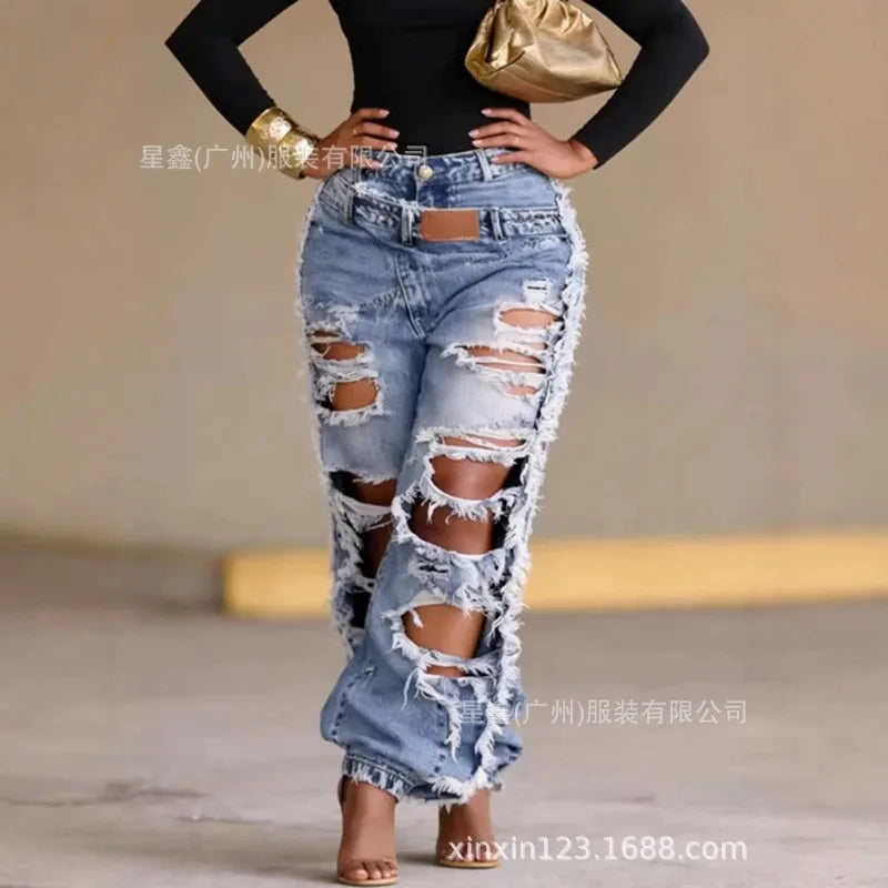 NEW Arrivals S-3XL Deconstructed Destroyed Ripped Cotton Denim Baggy Jeans Women Streetwear Y2K Slimming Elastic Cuff Jogger Trousers Women Casual Clothing Supplies