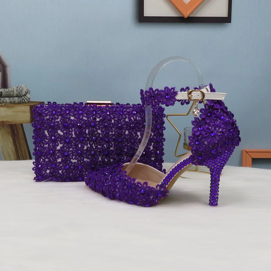 NEW Arrivals Italian Design Purple Lace Flower Luxury Wedding Shoes And Bag Set Crystal Heels Pointed Toe Ankle Strap Evening Party Shoes with Matching Bags Lace-Up Girls Ladies Luxury Fashion Apparel Accessories Clothing Pro
