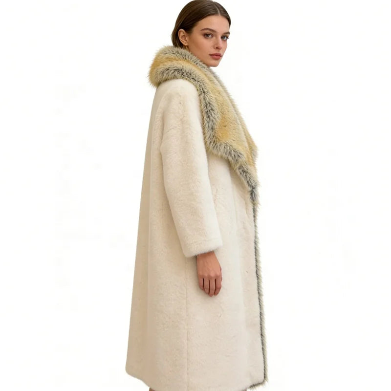 S-2XL Women's Luxury Eco-Friendly Woven Long Artificial Fur Coat Large Fox Fur Collar White Warm Windproof Winter  Down Coat Snow Boots Outerwear Jackets Ladies Luxury Apparel Supplies.