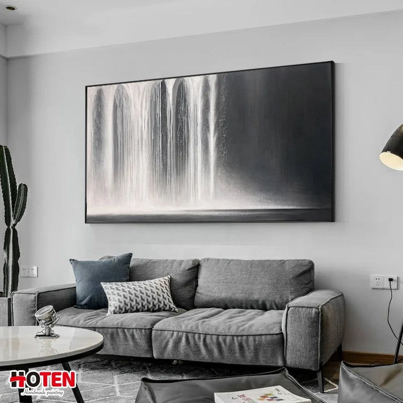 100+% Pure Hand-Painted Home Villa Living Room Original Black and White Abstract Waterfall Oil Painting on Canvas Banner Elegant Seascape Decorative Art Creative Home Gallery Products