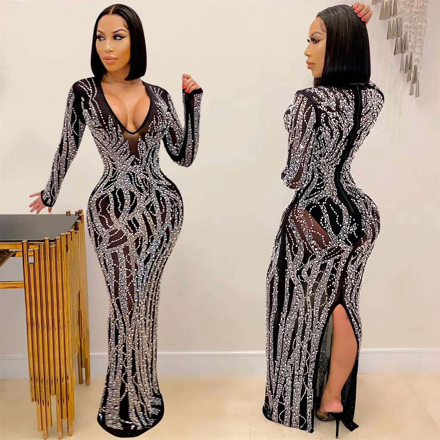 NEW Stylish Women Long Sleeve Sexy High Split Deep V-Neck Mesh Rhinestone Crystal Luxury Cocktail Party Night Club Prom Diamond Dresses Evening Cocktail Party Wedding Guest Ladies Luxury Apparel Supplies