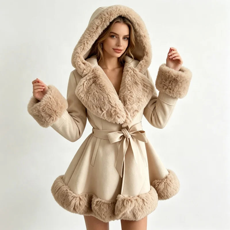 5 Colors UK (6-20) Large Size  Women's Streetwear Thick Plain Dyed Woven Single Breasted Faux Fur Trim Hooded Belted Winter Trench Coat Winter Warm Autumn Apparel Clothing Supplies