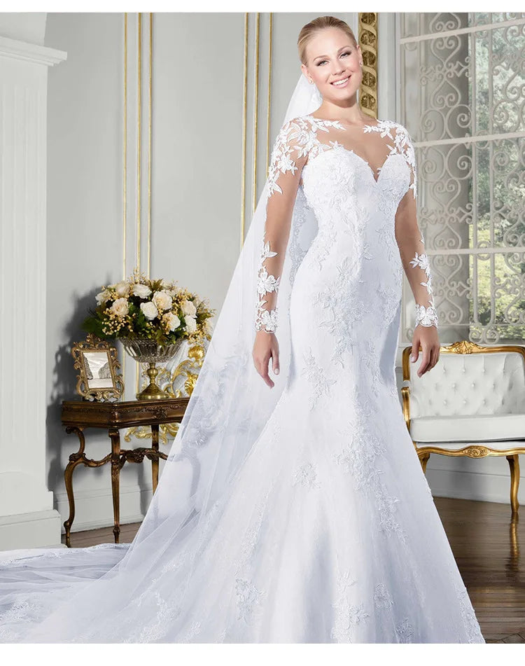 NEW Arrivals O-Neck Long Sleeve Mermaid See Through Illusion Back Bridal Gowns Plus Size Wedding Dresses Bride's Evening Prom Party Bridal Luxury Gowns