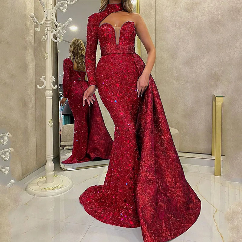 Mother of Bride Royal Blue/Red Color S-3XL Plus Sie Curvy Women's Long Sleeve Elegant Wedding Evening Party Ball Gown Autumn Winter Collection Empire Waistline Floor-Length Bodycon Dress Celebrities Red Carpet Ladies Luxury A