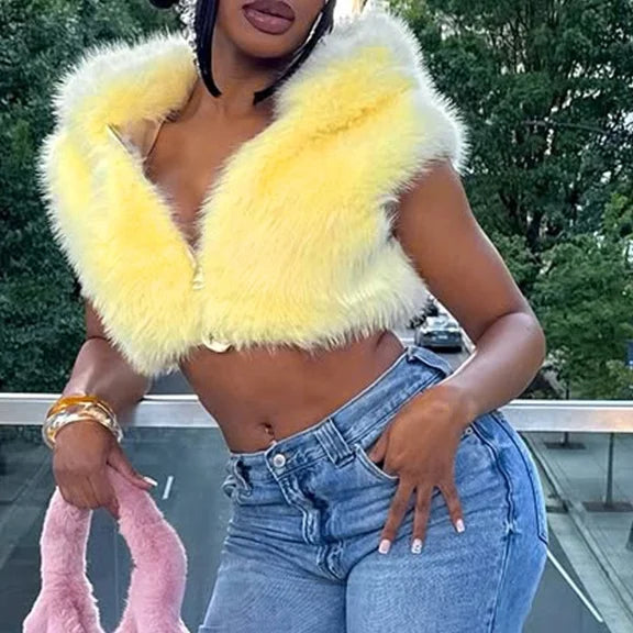 Black/Yellow/Purple Color Women's Fashion Solid-Color Fur Zipper Hooded Sleeveless Crop Top Short Vest  Fashion Women Streetwear Casual Apparel Accessories
