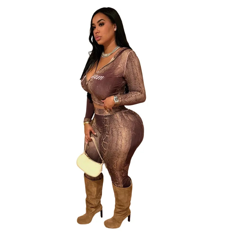 2 PCS Set Autumn Winter New European American Style Women's Sexy Evening Party Night Club Collarless Regular Fit Cardigan Top Midi Snakeskin  Pants & Top Set