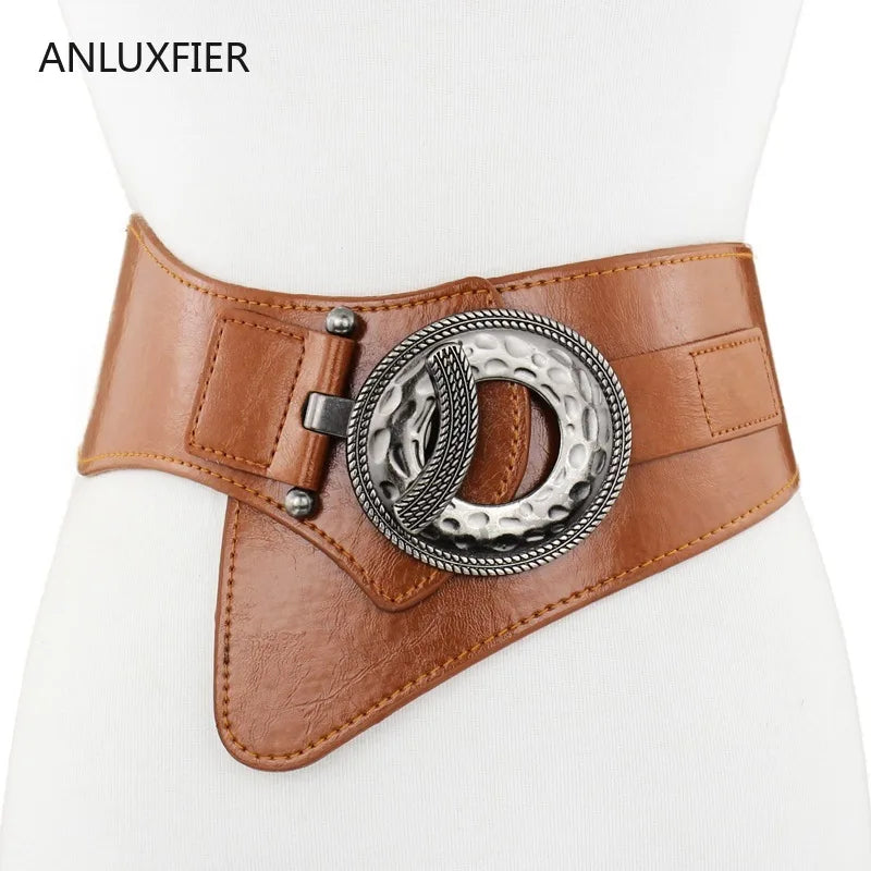 NEW Arrivals Lady Luxury Real Leather Dress Belt Female  High Elastic Wide Belt Women's Retro Decorative Down Jacket Belts Leather Waist Cover Waistband Girls Ladies Luxury Fashion Apparel Accessories Supplies