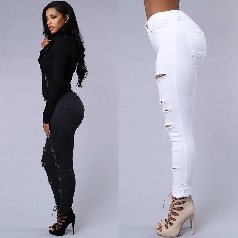Hot Sale S-2XL Plus Size Black and White Color Ripped jeans for Women Sexy Skinny Denim Jeans Fashion Streetwear Casual Pencil Pants Girls  Spring and Summer Clothing