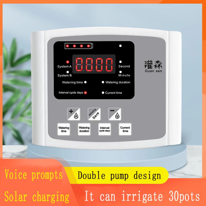 NEW Arrivals Garden Drip Irrigation Device Double Pump Controller Timer System, Solar Energy Intelligent Automatic Watering Device for Plants Trees Flowers Garden Watering Accessories