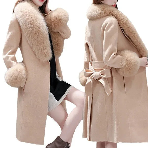 Woolen Coat Mid-length Korean Style New Winter Slim-fit Lace-up Large Woolen Collar Woolen Coat Detachable Woolen Collar