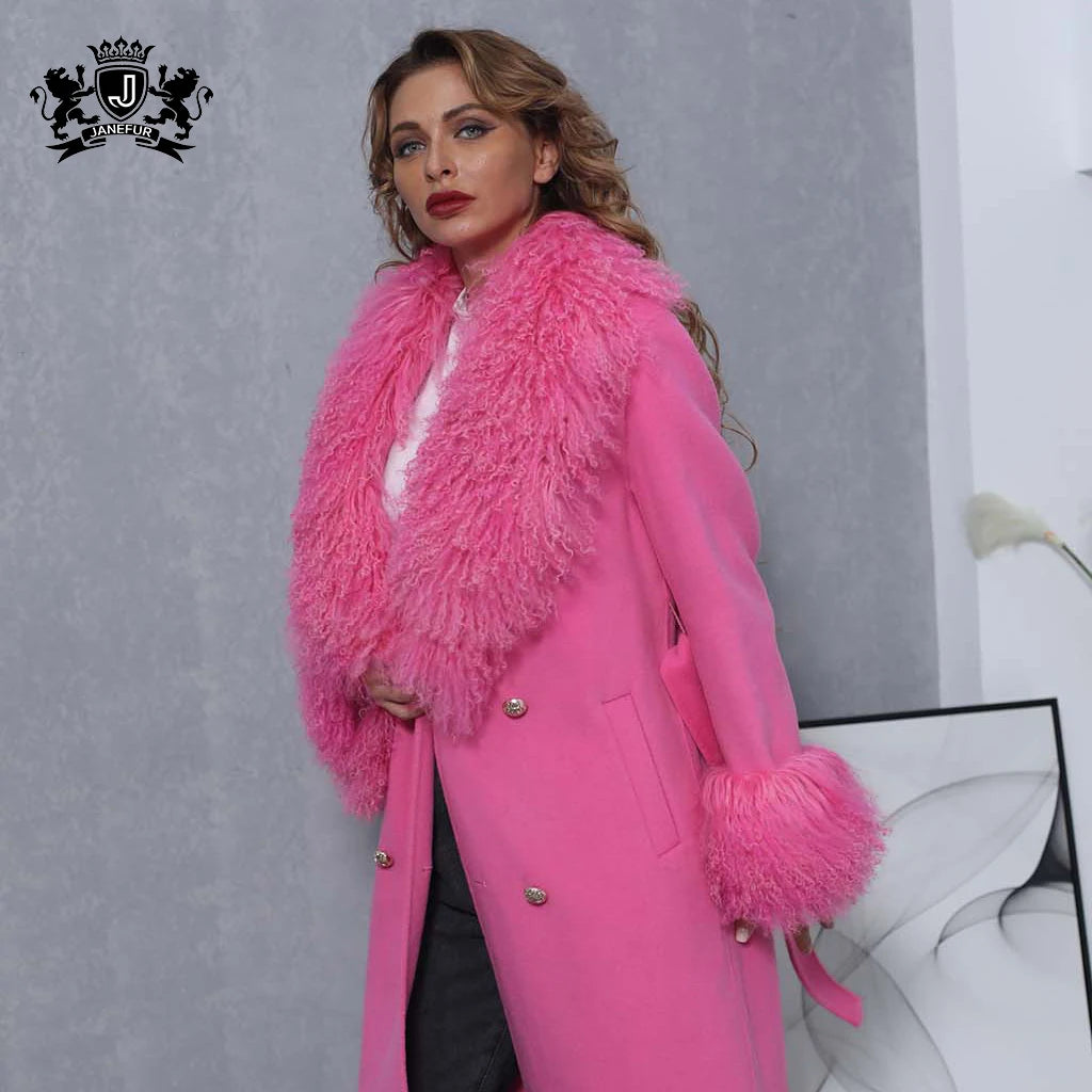 10 Colors Autumn Winter  Wool Cashmere Lady Luxury Coat With Real Natural Soft Fox Fur Collar Wedding Guest Evening Party Ladies Luxury Apparel Supplies