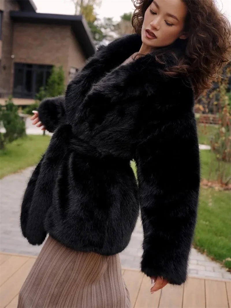 Apricot/Black/Dark Brown Color S-4XL Plus Size Women's Winter Warm  Artificial Fox Fur Coat Oversized Wide Notched Lapel Matching Belted Waist Mid Length Thick Warm Winter Outerwear Jackets Ladies Winter Clothing Supplies