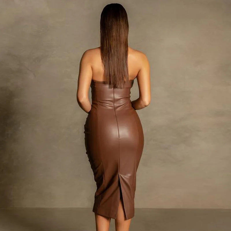 4 Colors New  Fashion Women's Elegant Strapless Zipper Sexy PU Leather Formal Midi Dresses for Ladies Evening Cocktail Party Night Clubwear Leather Gowns Women Sexy Apparel Supplies