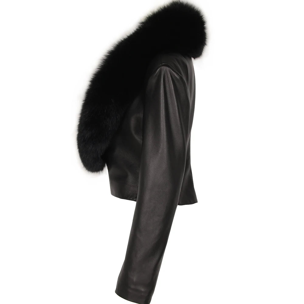 Genuine Sheepskin Real Leather Fox Real Fur Jacket Pure White/Black/Dark Brown/Pink Color Long Sleeve Premium Women Leather Jacket with Natural Fox Fur Collar Autumn Winter Girls Clothes