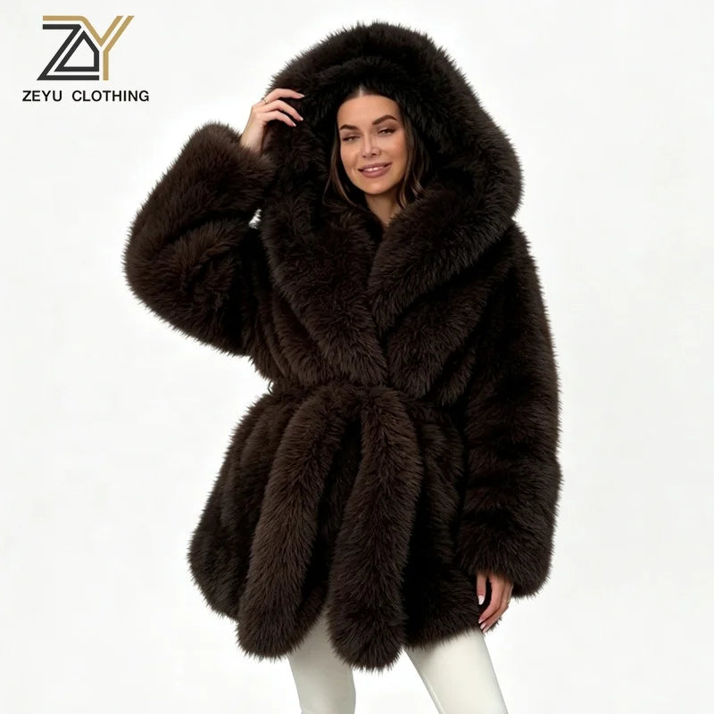 White/Dark Brown/Black Color S-3XL Plus Size Women Top Quality Hooded Artificial Fur Jacket Oversized Fur Collar Belted Waist Winter Warm Fluffy Mid-Length Coats Women's Faux Fur Coats Women Winter Apparel Supplies