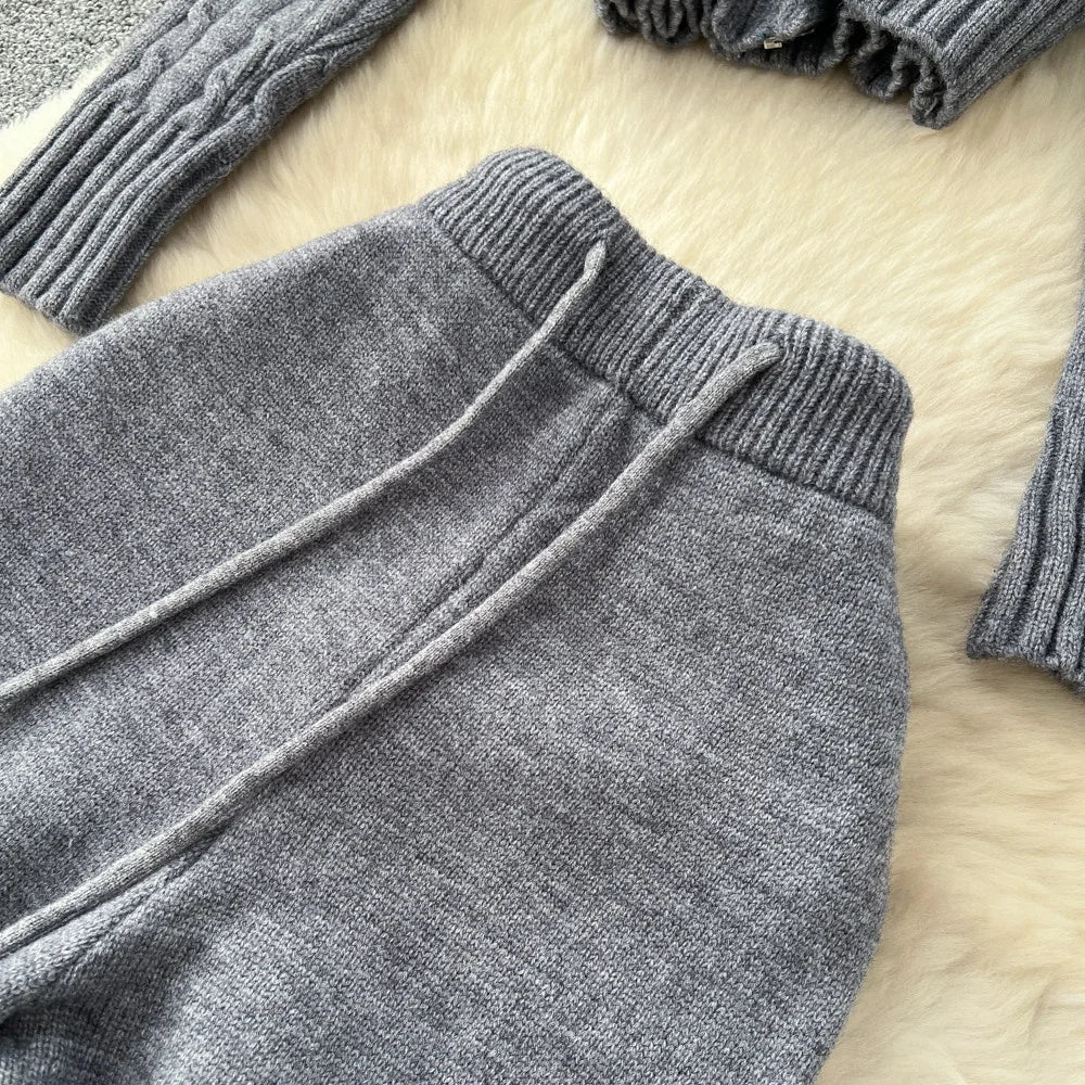 2 PCS Set Apricot/Gray Color Women's Sweat Suits Furry Trim Cropped Hooded Knit Top and Wide-Leg Sweater Pants Set Autumn Winter Warm Outdoor Sport Activities Home Loungewear Ladies Clothing Supplies