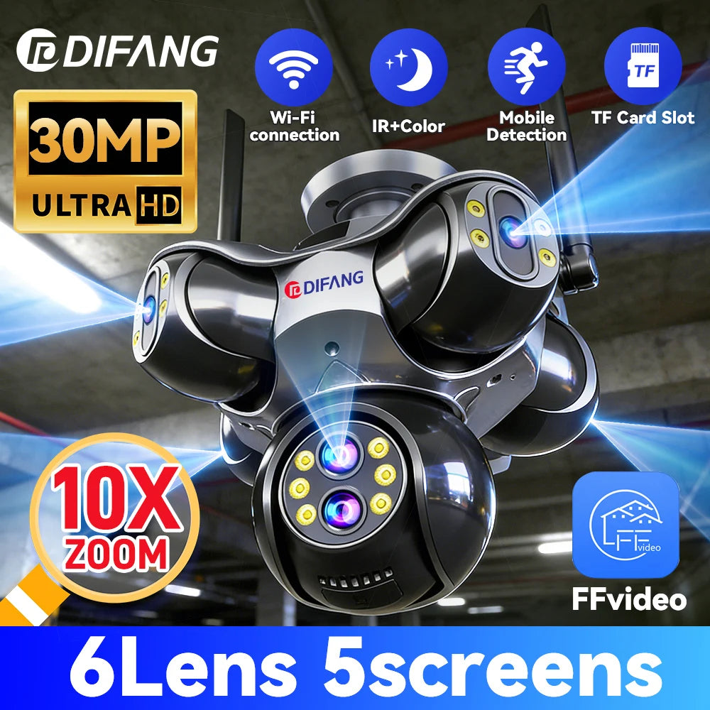 Home Villa New Design 6 Lens 5 Screens PTZ Security Wi-Fi Camera 10X Zoom Full Color Night Vision Intrusion Alarm Outdoor Wireless CCTV Camera Anti-Theft System Home Security Supplies
