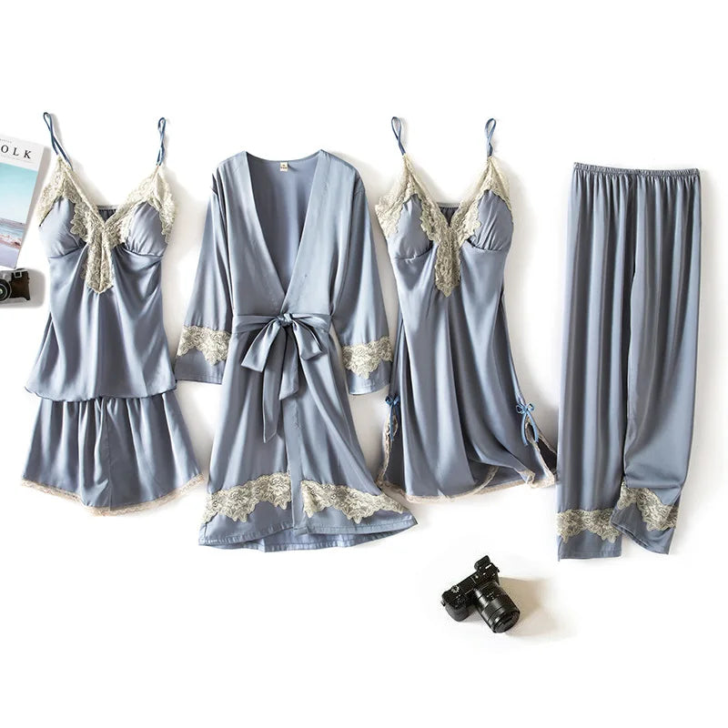 Low-Price Sales are Limited NEW Arrivals Summer 5 Pcs Set Women Pajamas Satin High Quality Sexy Leopard Sleepwear With Chest Pad Pajamas Suit Girls Ladies Luxury Fashion Lingerie Apparel Products