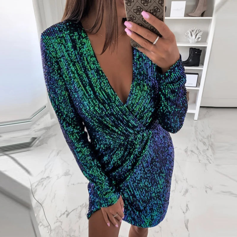 10 Colors S-3XL Plus Size Golden Silver Glitter Luxury Dresses for Women Deep V-Neck Sequin Mini Bodycon Dress Four Seasons Long Sleeve Evening Party Dress Night Clubwear Prom Gowns
