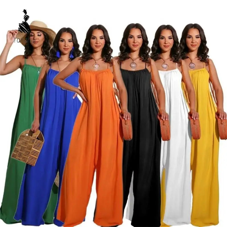 NEW Arrivals 8 Colors Sexy Backless Women Spring Summer Jumpsuit Loose Casual Spaghetti Strap Wide Leg One Piece Lady Solid Jumpsuit Streetwear Women Casual Clothing Supplies