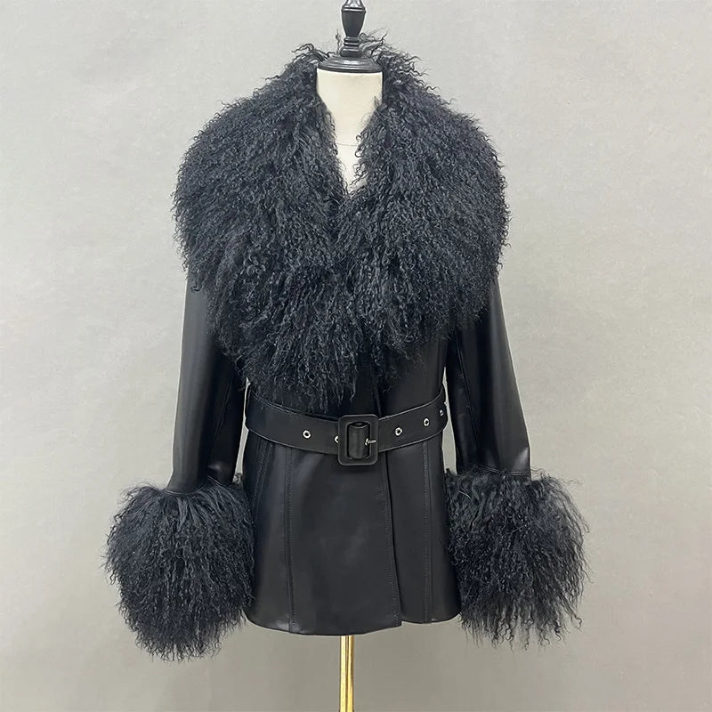 Boutique Gala HOT SALE S-2XL Women's  Real Mongolian Lamb Fur Collar and Cuff Genuine Sheep Leather Jacket Winter Autumn Warm Black Outerwear Coats Ladies Luxury Apparel Supplies.
