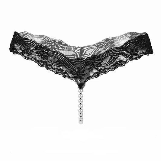 Sexy String Lace Underwear Women Back Bow Panties Women G String T-back Thong Transparent Lingerie Cute with Pearls Panties New