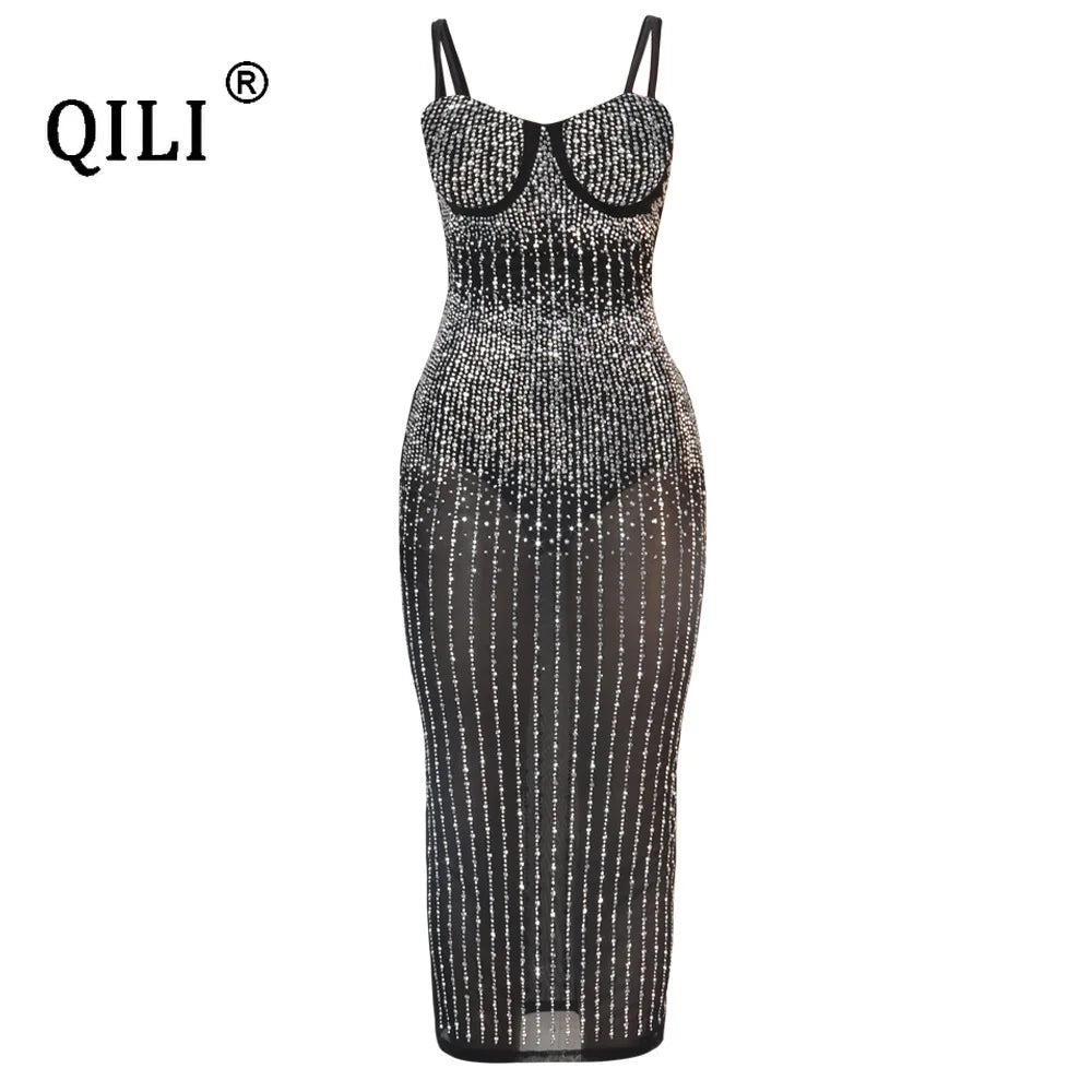 NEW Arrivals S-3XL UK Plus Size Chubby-Women's Sexy Spaghetti Strap Mesh Diamonds Dress, Sleeveless, See Through Rhinestone Dresses,  Evening Party Club Dress, Mid-Calf Ladies Luxury Fashion Apparel Supplies