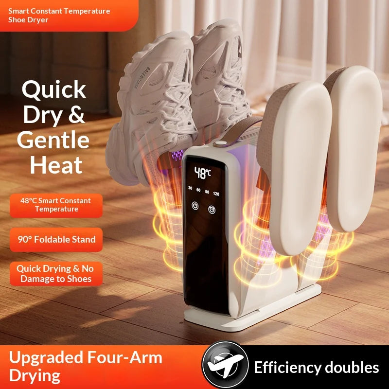 Digital Display Smart Timer Electric UK/AU/US Plug Shoe Dryer Foldable Four-Arm Fast Drying Dehumidifying Constant Temperature Shoe Dryer for Home Use Outdoor Travel Hotels Business Trip Portable Foldable Shoes Dryer