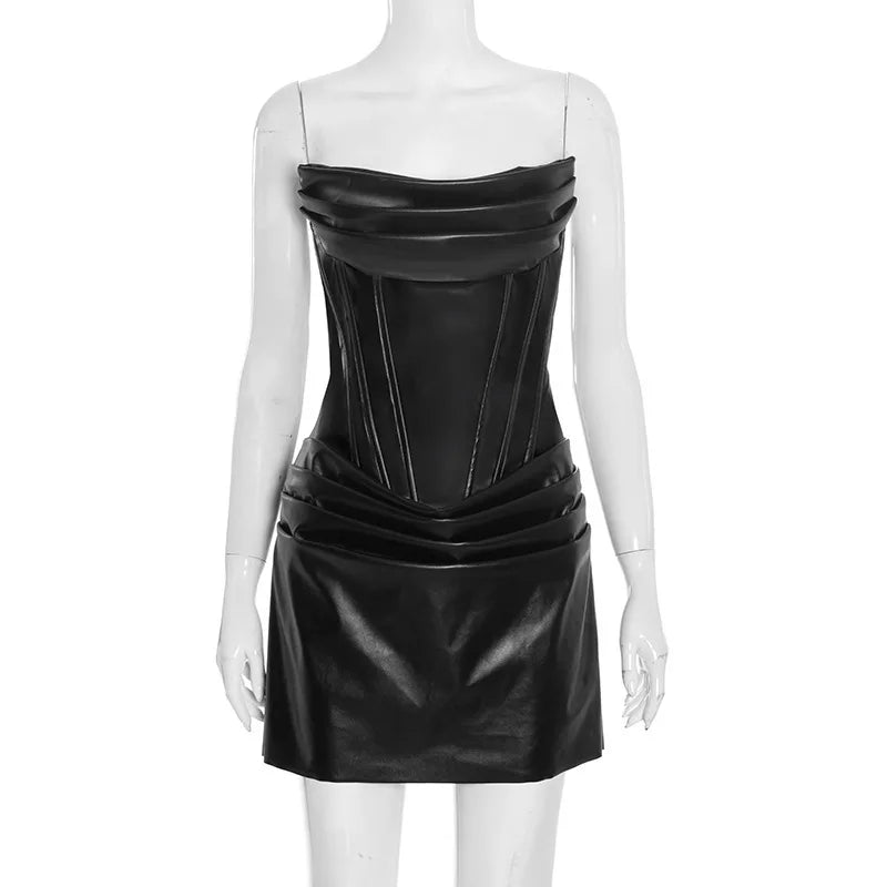 Black/Burgundy/Brown Color Autumn Spring  Sexy Ladies Street Wear Sleeveless Tube Pattern  Leather Mini Dress Slim Fit Sexy Nigh Club Pleated Dresses
