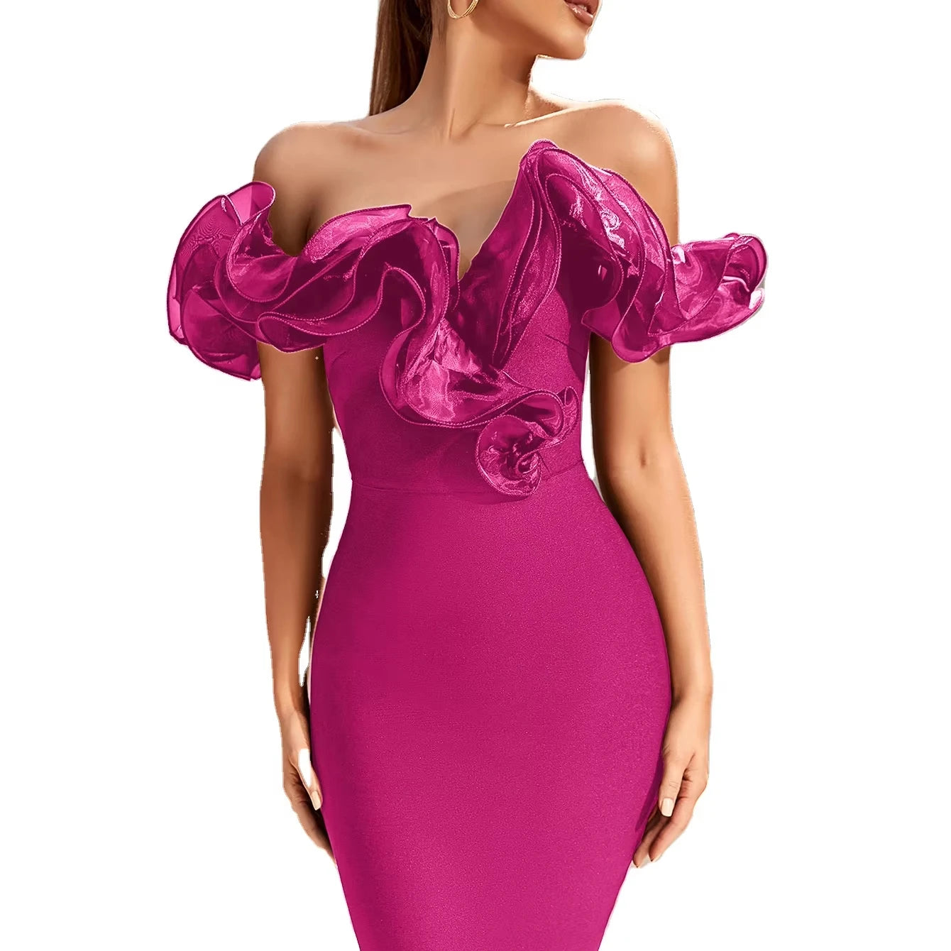Boutique HOT SALE Women's Summer Sexy Bodycon for Bandage Dress Off-Shoulder Stretchy Ruffles Knee-Length Wedding Evening  Party Clubwear Prom Ball Gown Ladies Luxury Apparel Supplies