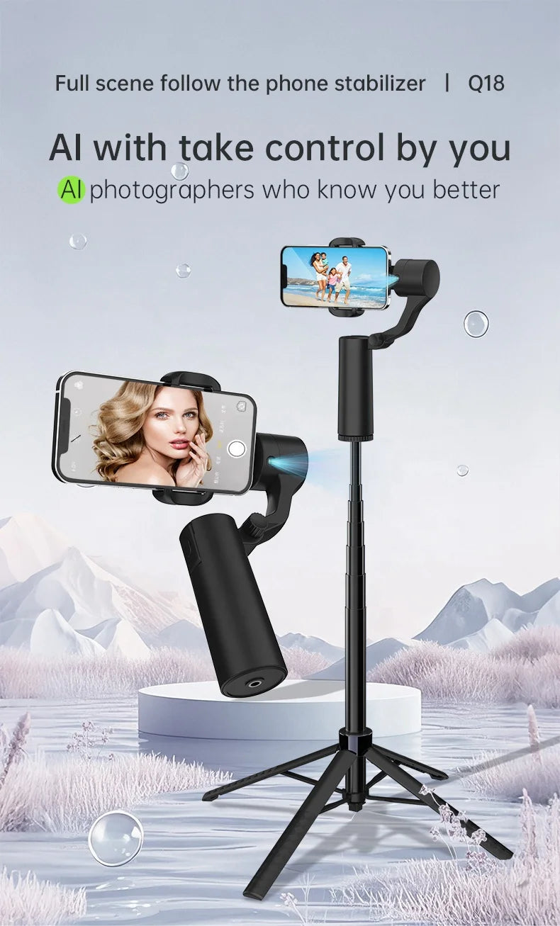 2 in 1 AI Face Tracking Professional Stabilizer Gimbal 180CM 360 Rotate Handheld 2 Axis Gimbal Tripod Gesture Remote Control Selfie Stick TikTok YouTube Videos Maker Live Streaming Studio Tools Set
