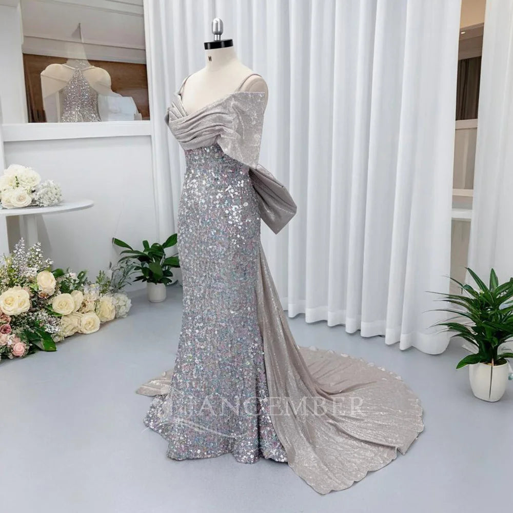 Just Arrived Top Luxury Women High-End Diamonds Rhinestones Crystal Beading Silver Maxi Dress Celebrities Red Carpet Business Dinner  Summer Evening Prom Party Dress Off Shoulder Lightweight Mermaid Gown Formal Apparel Suppli