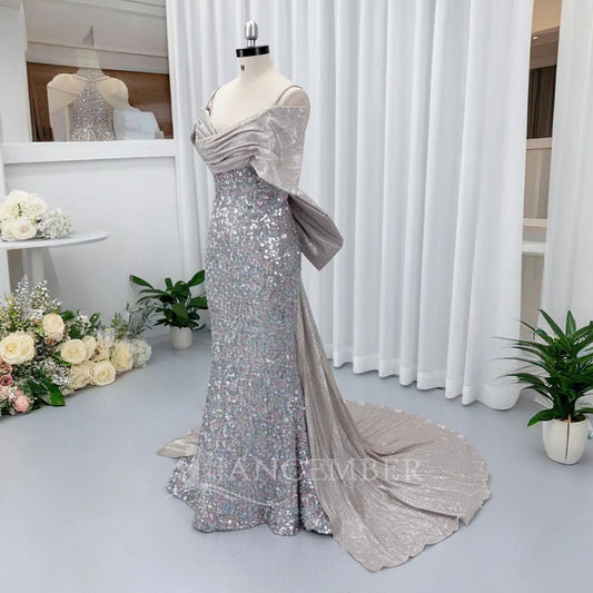 Just Arrived Top Luxury Women High-End Diamonds Rhinestones Crystal Beading Silver Maxi Dress Celebrities Red Carpet Business Dinner  Summer Evening Prom Party Dress Off Shoulder Lightweight Mermaid Gown Formal Apparel Suppli