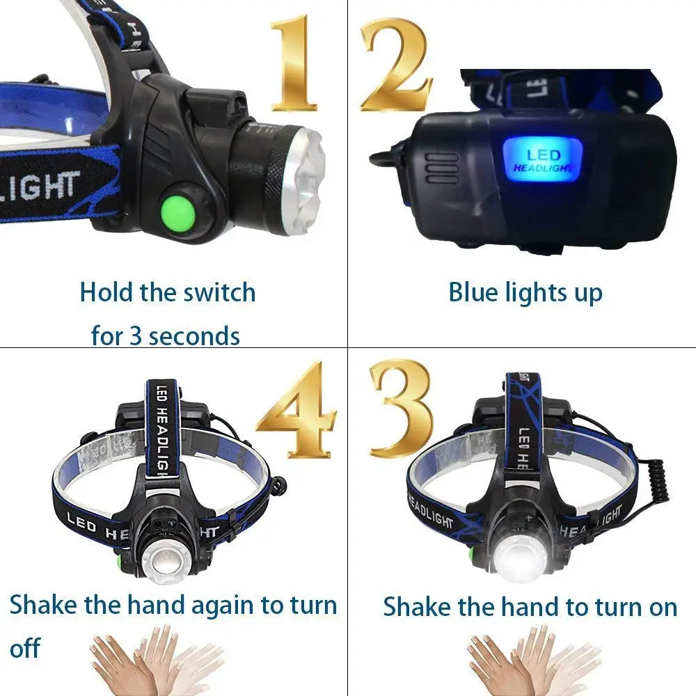 NEW Arrivals Motion Sensor Super 15000LM LED Headlamp T6/L2/V6 Zoomable Head lamp Flashlight Torch Headlight Lantern With LED Bulbs Lithium ION Battery Outdoor Camping Fishing Night Hiking Cycling