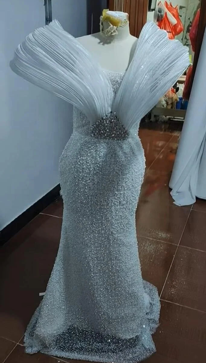 Mother of Bride Autumn Spring Luxury White Sculpted Shoulder Beaded Mermaid Gown Dramatic Pearl Wedding Dress for Red Carpet & Formal Events Celebrities Gown Ladies Luxury Clothing Supplies