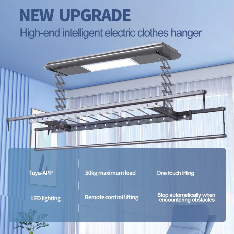TUYA APP Control Wi-Fi Automatic Lifting Led Lighting  Intelligent Ceiling Hanger Remote Control Foldable Electric Dryer Indoor Outdoor Aluminum Pipe Smart Laundry Supplies
