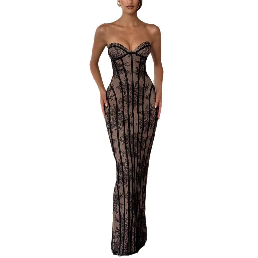 HOT SALE Cashmere Women's  Slim-Fit Lace-Up Off-the-Shoulder Illusion Floor-Length Wedding Guest Evening Prom Party Dress Bodycon Silhouette Celebrities Formal Gowns Ladies Luxury Apparel Supplies