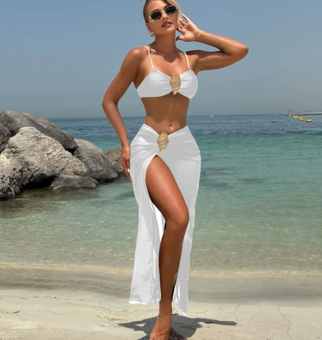 NEW Arrivals 3 PCS Set Black/White/Brown/Red Color Bandeau Top Women Swimwear Brazilian Bikini and See Through Skirt Cover Up S-L Size Summer Vacation Beachwear Swimming Pool Ladies Bathing Apparel Supplies