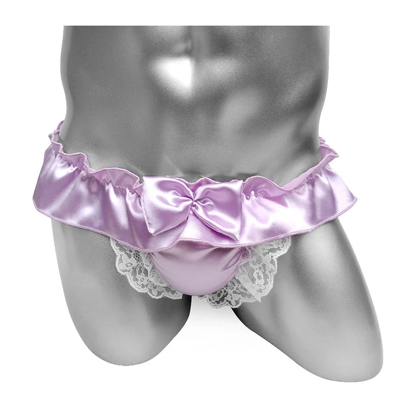 Lace Mens Jockstraps Lingerie Night Gay Male Panties Open Butt Wetlook Sexy Bowknot Sissy Satin Crotchless Underwear For Man