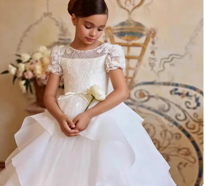 2/13 Years Old Girls Bridesmaid  Lace Flower Luxury Dress Long Train Tulle Princess Gown Evening Wedding Party Prom Birthday Ball Gown Pageant Short Sleeve Gown